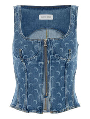 Marine Serre Moon Laser Denim Bustier Top Blue