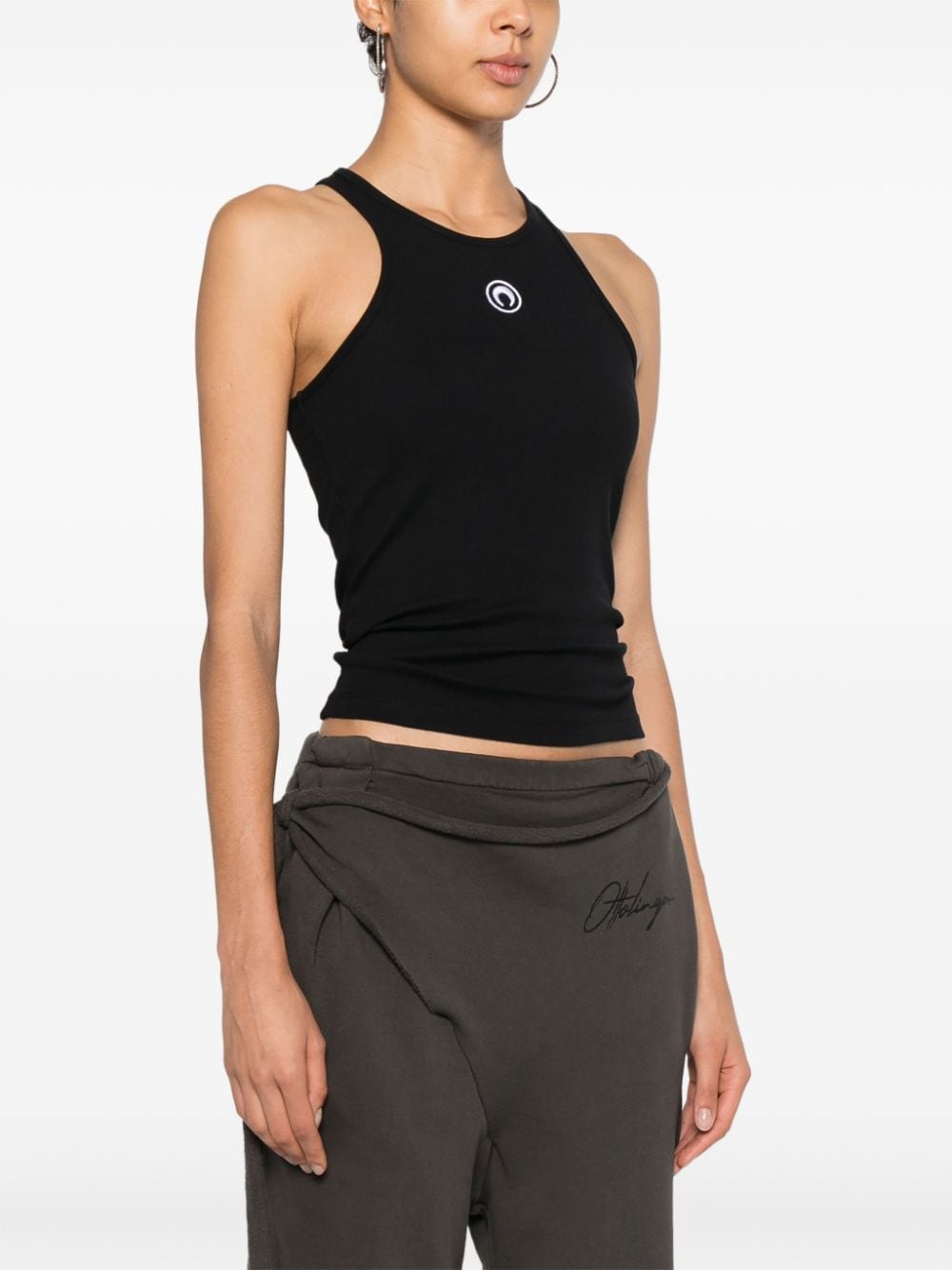 Marine Serre Moon-Embroidered Ribbed Black Tank Top