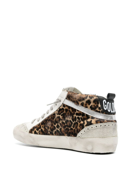 Golden Goose Mid Star Leather Leopard Sneakers — Brown