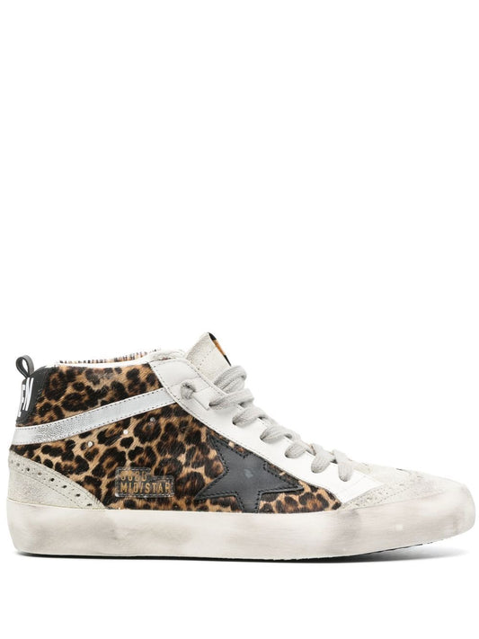 Golden Goose Mid Star Leather Leopard Sneakers — Brown