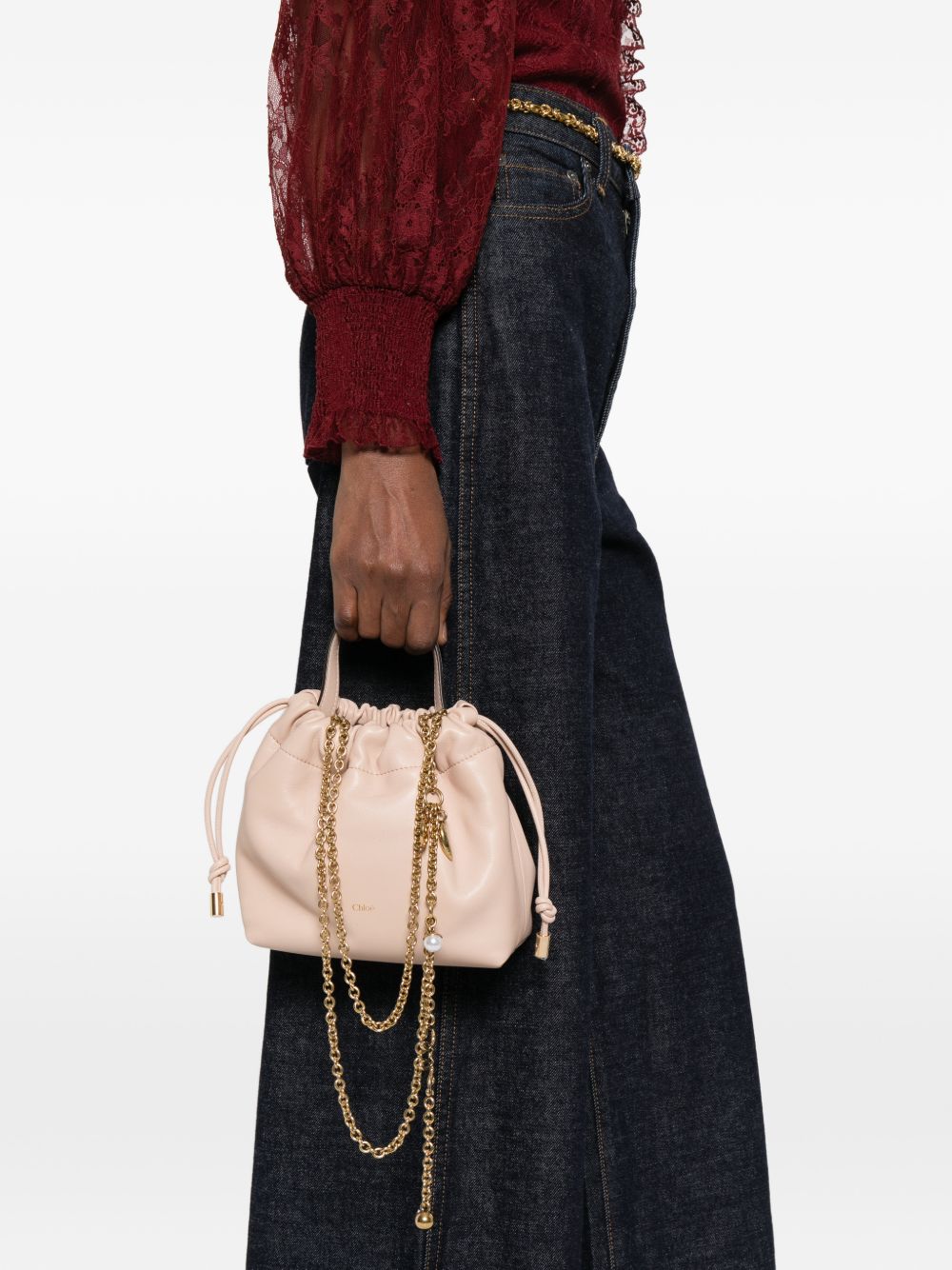Chloé Pink Leather Clutch — Top Handle Drawstring
