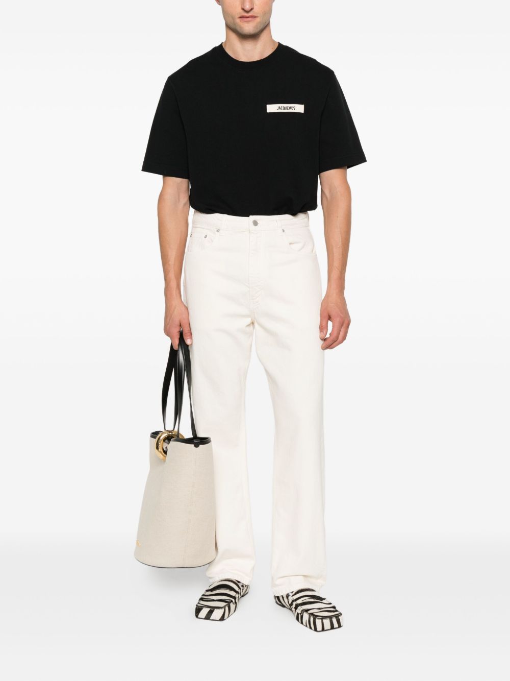JACQUEMUS Black T‑Shirts & Polos — Silk‑Blend Cotton Tops