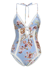 Zimmermann Sea Clear Blue swimsuit — floral crochet cut‑out