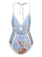 Zimmermann Sea Clear Blue swimsuit — floral crochet cut‑out