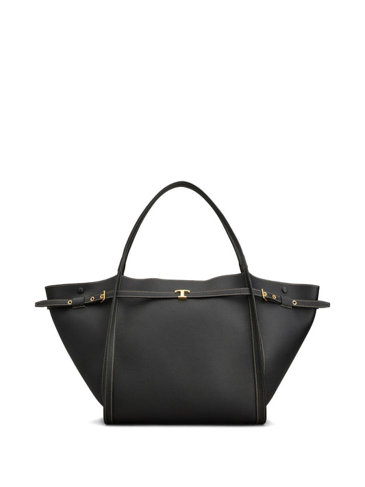 Tod'S Leather Medium Shopper Bag — Black & Gold