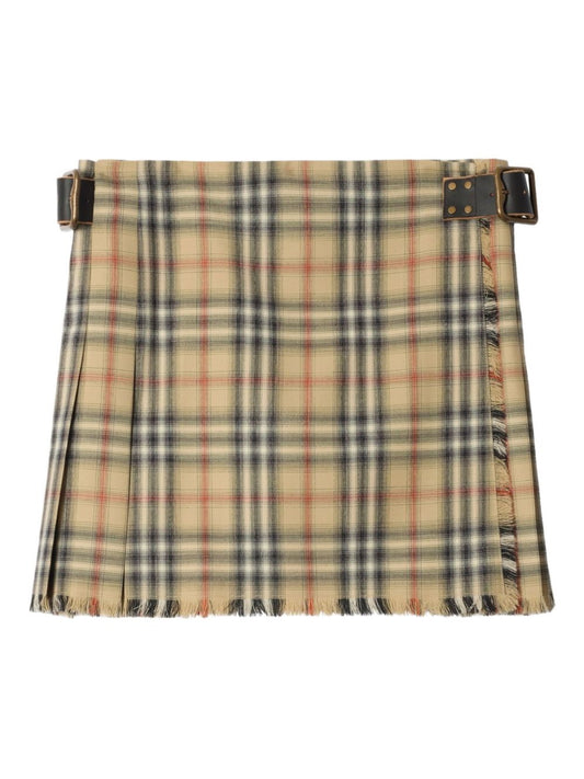 Burberry Wool Mini Skirt — Sand‑Check Fringe, Beige