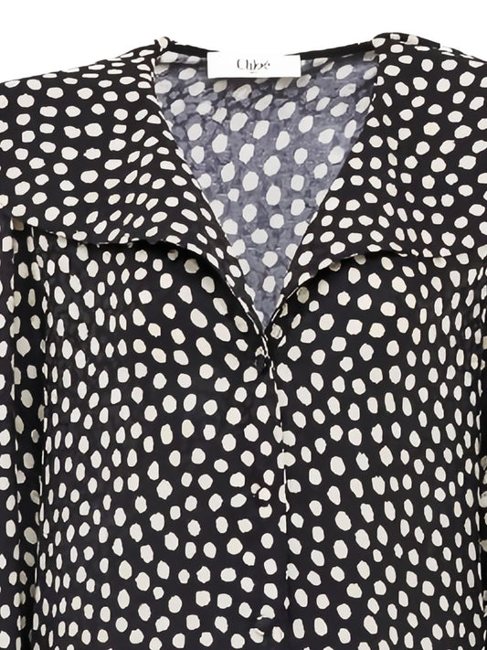 Chloé Black Silk Polka‑Dot V‑Neck Dress — Dresses