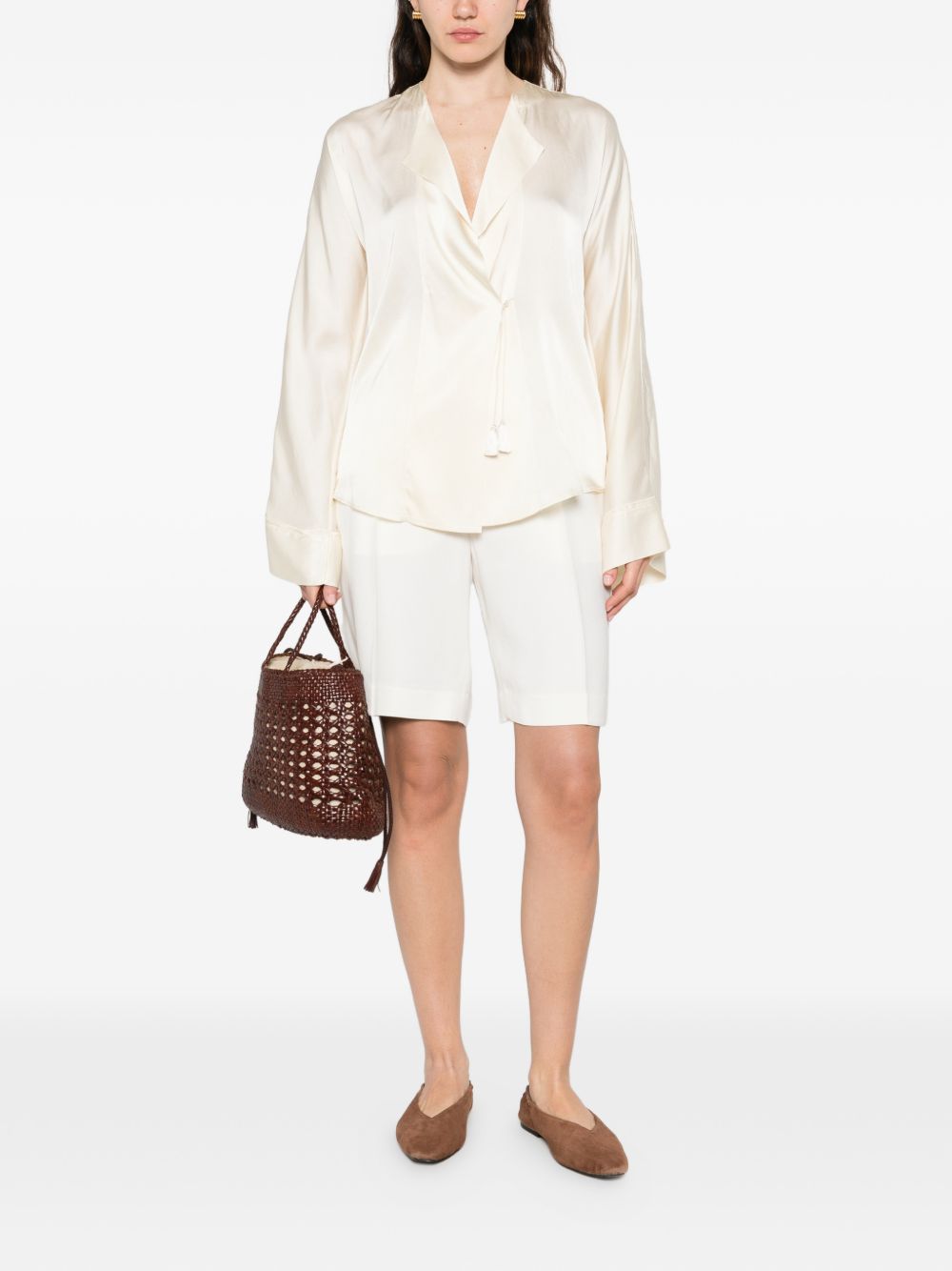 Forte Forte Silk Satin Shirt — Ivory Tie Tassel