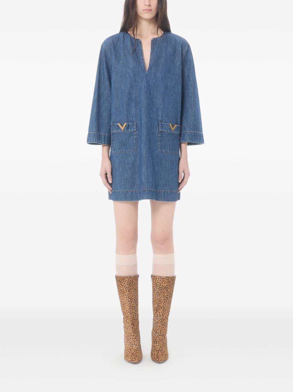 Valentino Dresses Blue — V-Neck Denim Dress (Women)