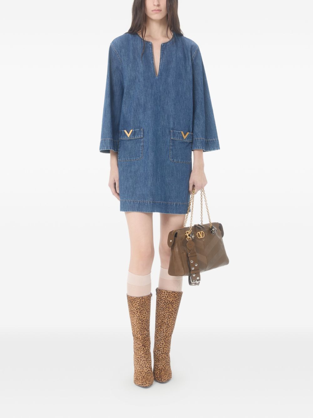 Valentino Dresses Blue — V-Neck Denim Dress (Women)
