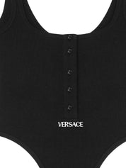 Versace Topwear — Black Ribbed Knit Logo Top