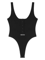 Versace Topwear — Black Ribbed Knit Logo Top