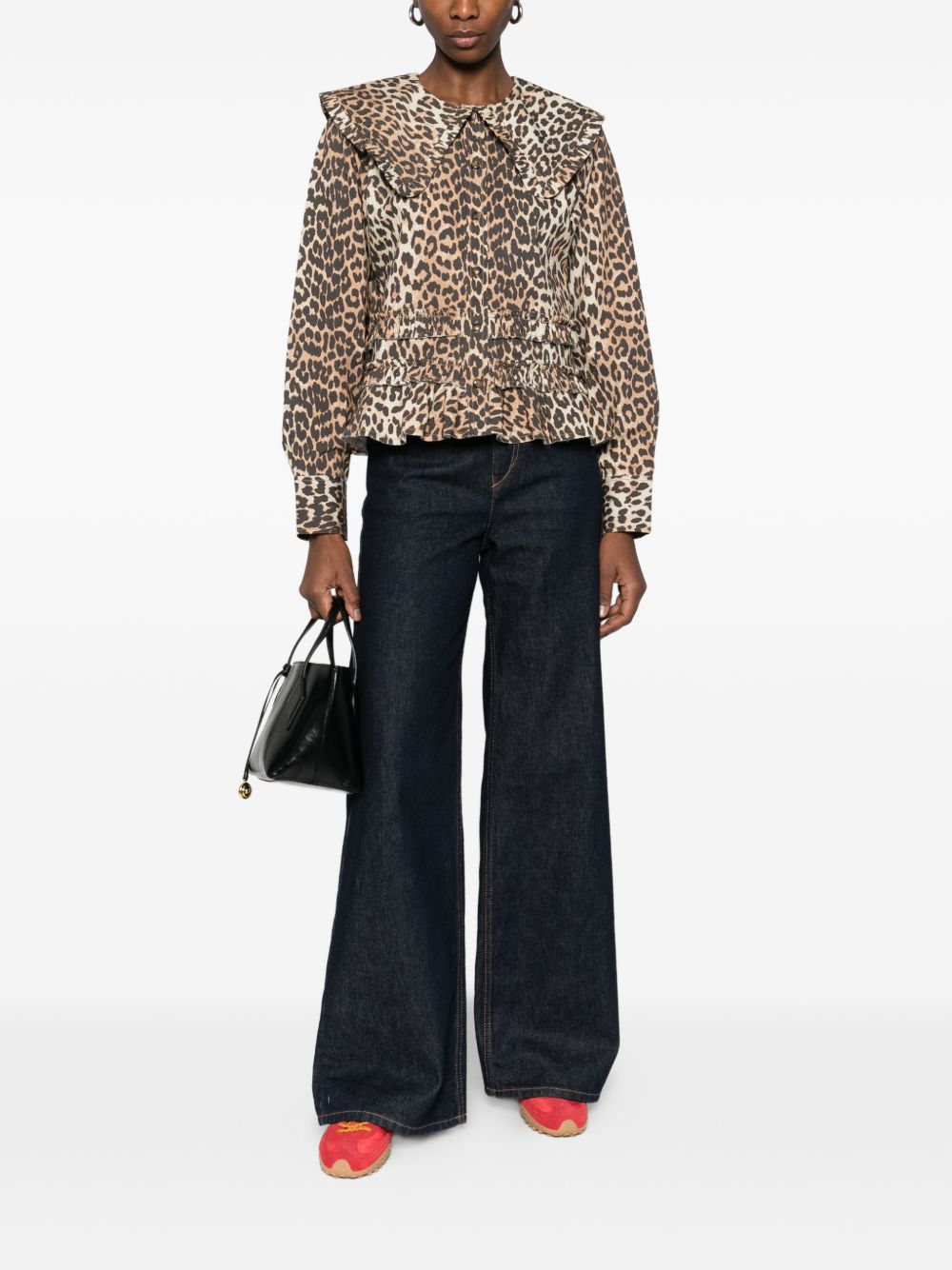 Ganni Shirts Brown — Leopard Print Cotton Shirt