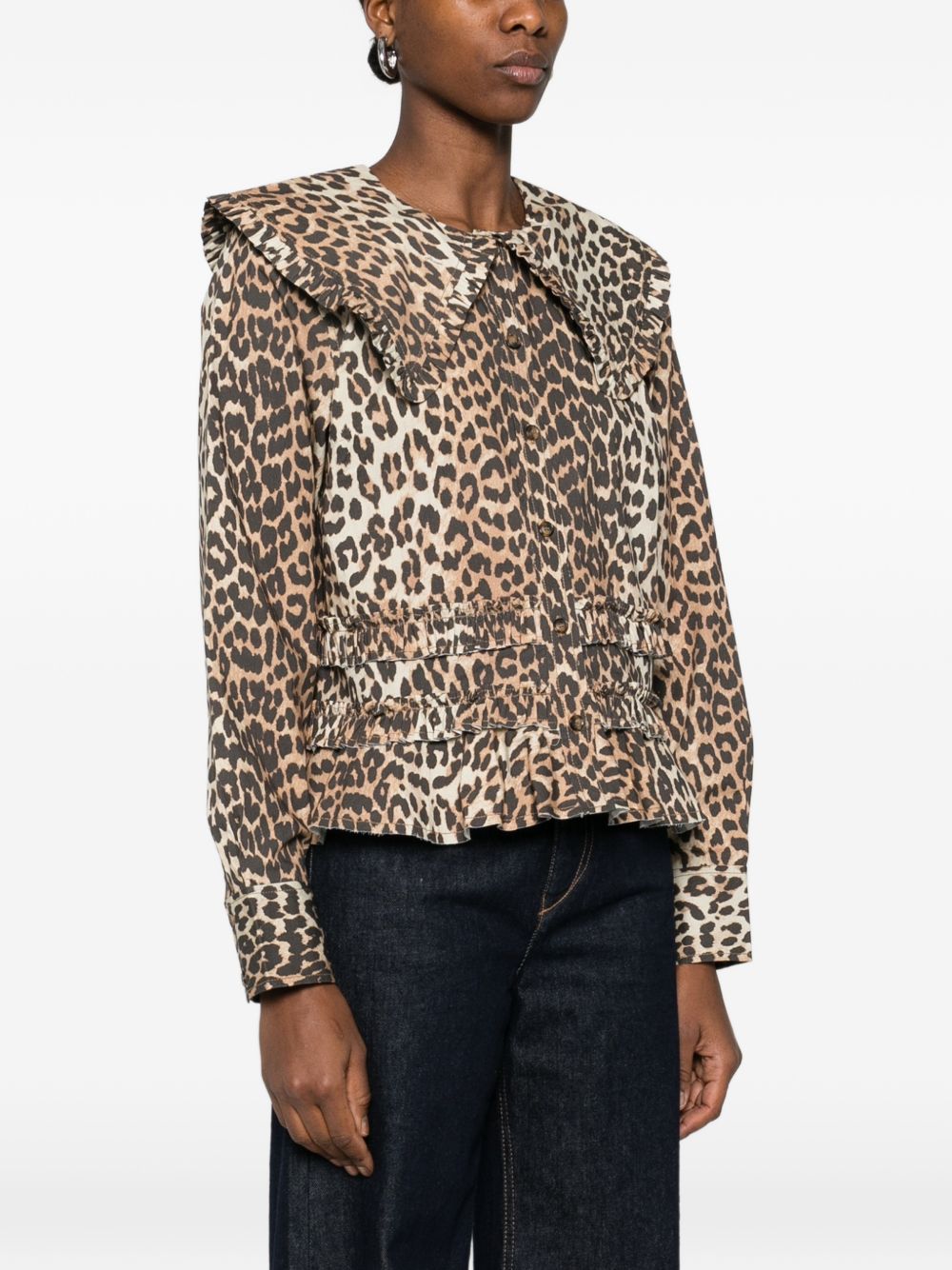 Ganni Shirts Brown — Leopard Print Cotton Shirt