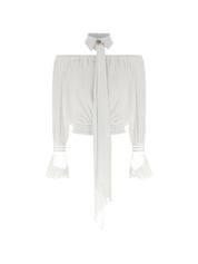 Elisabetta Franchi Shirts Ivory — Offshoulder Silk Blouse