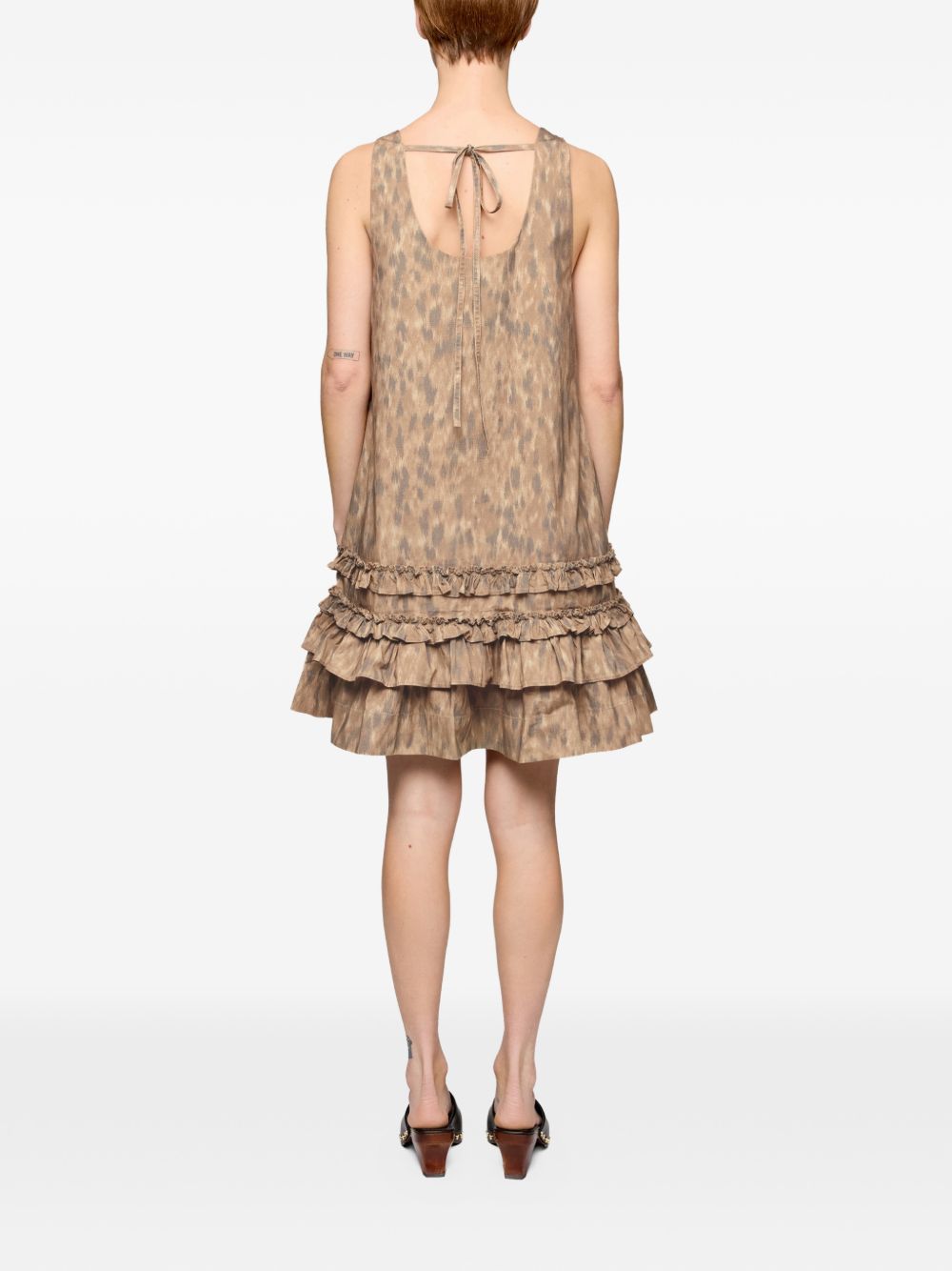 Ganni Printed Cotton Mini Dress — Beige Tiered Ruffles