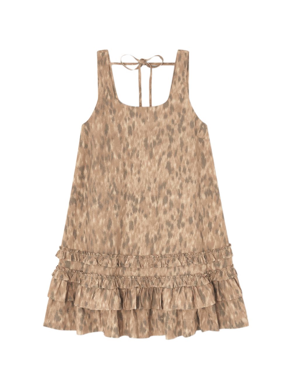 Ganni Printed Cotton Mini Dress — Beige Tiered Ruffles