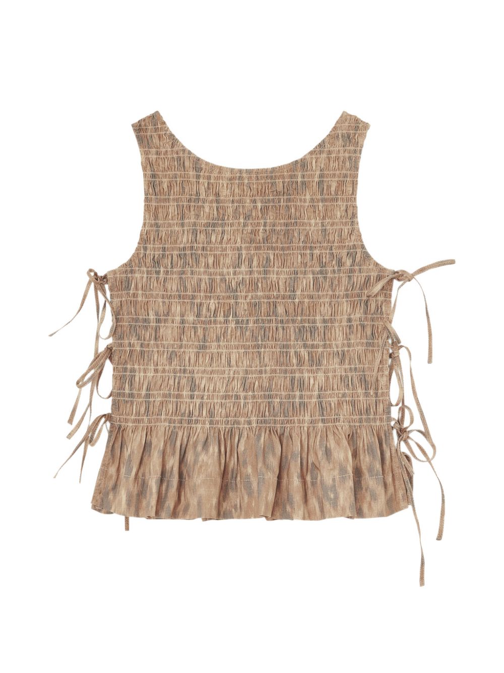 Ganni Printed Cotton Top — Beige Ruffled Tie Detail