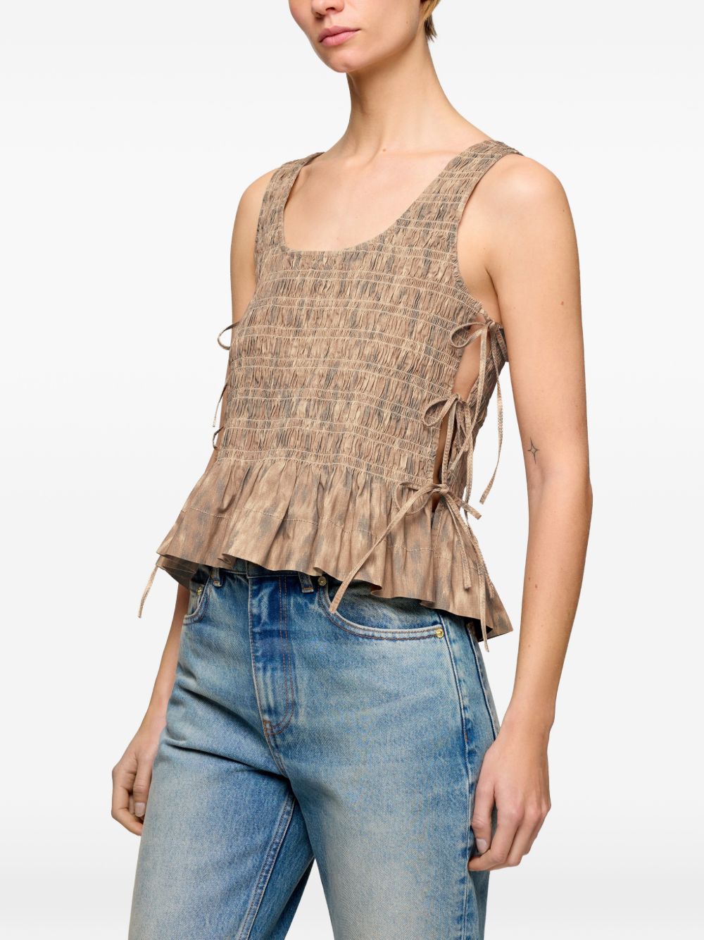 Ganni Printed Cotton Top — Beige Ruffled Tie Detail