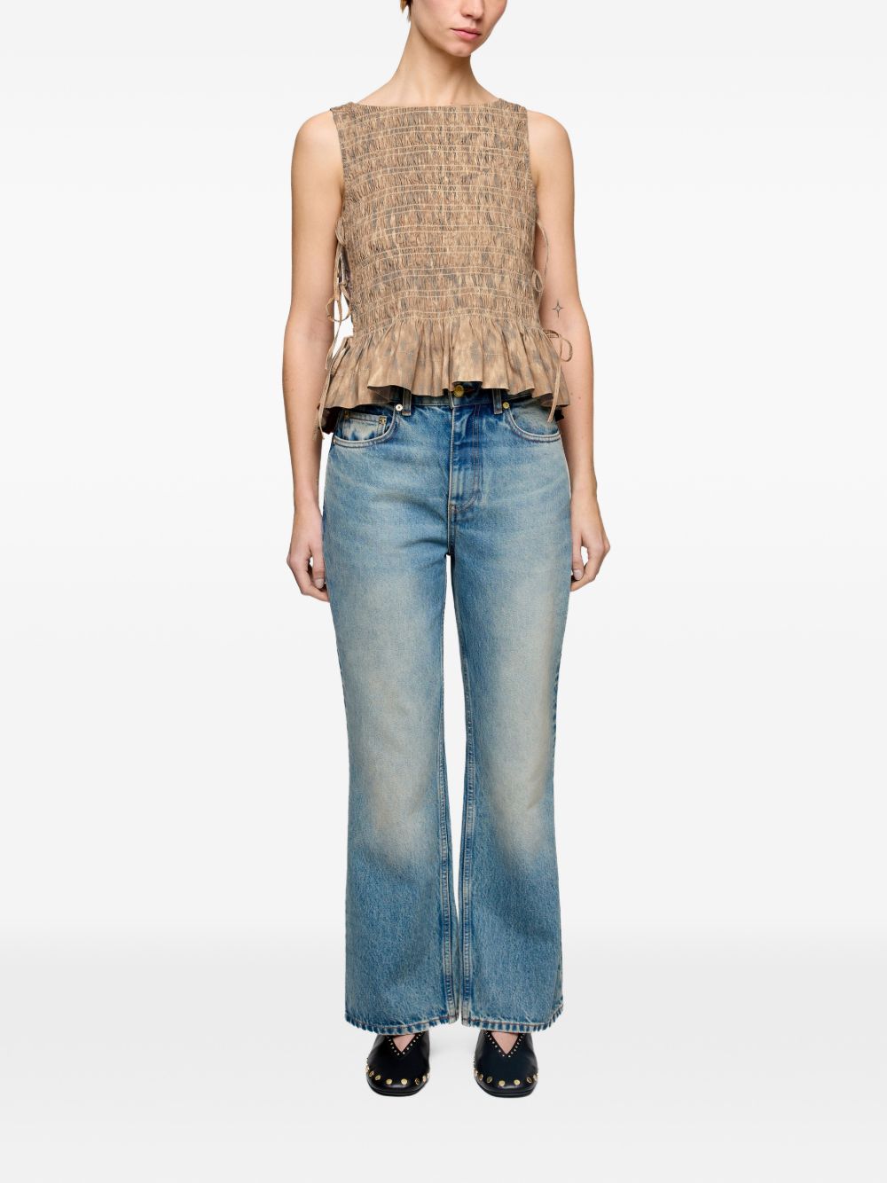 Ganni Printed Cotton Top — Beige Ruffled Tie Detail