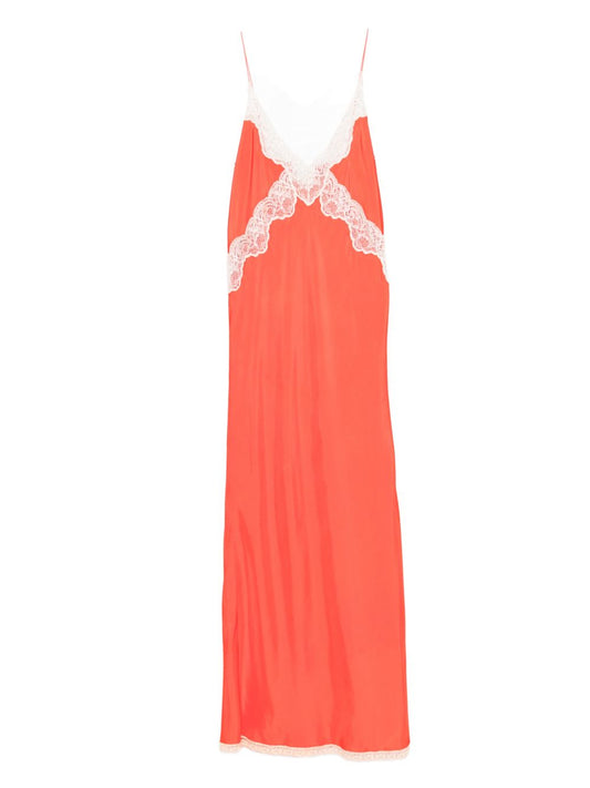 Forte Forte Red V‑Neck Slip Dress — Long Lace Detail