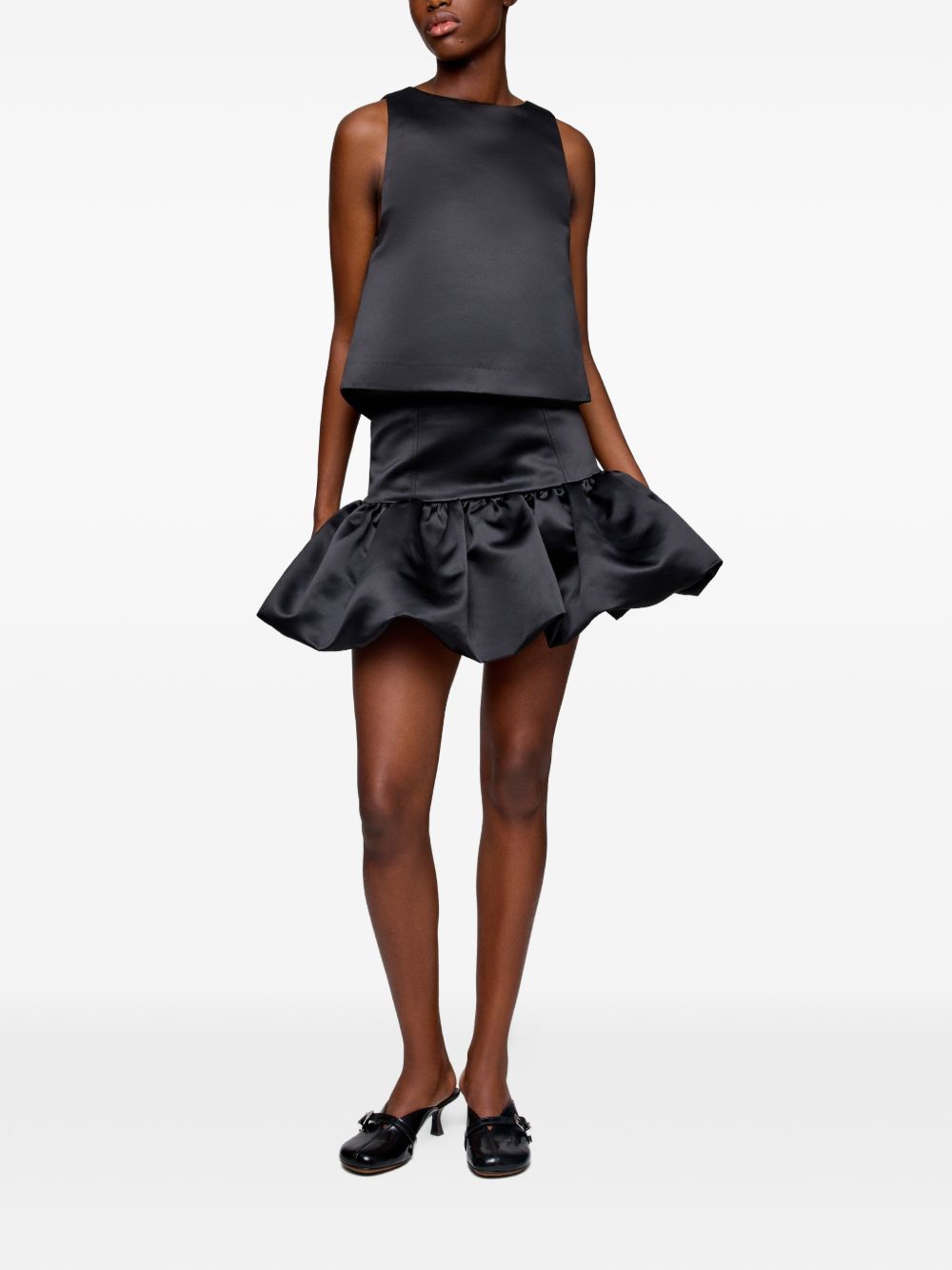 Ganni Satin Mini Skirt — Black Ruffled High Waist