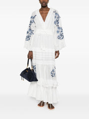 Ermanno Firenze Dresses White — Ramie Floral Ruffled V-Neck