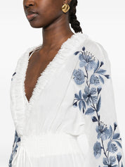 Ermanno Firenze Dresses White — Ramie Floral Ruffled V-Neck