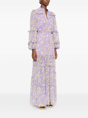 CATALINA Chiffon Long Dress — Purple Floral Ruffle (Lilla)