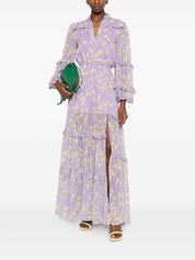 CATALINA Chiffon Long Dress — Purple Floral Ruffle (Lilla)