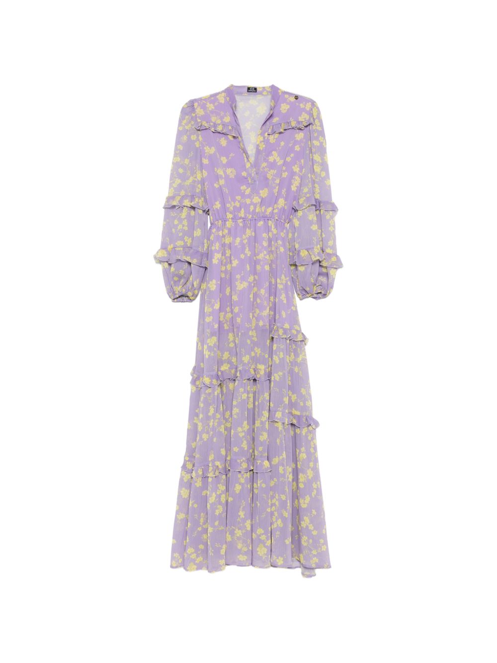 CATALINA Chiffon Long Dress — Purple Floral Ruffle (Lilla)