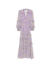 CATALINA Chiffon Long Dress — Purple Floral Ruffle (Lilla)