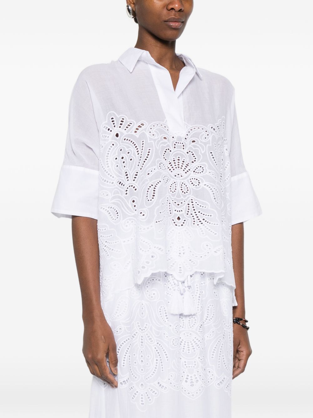 Ermanno Firenze White Shirts — Cropped Lace Shirt