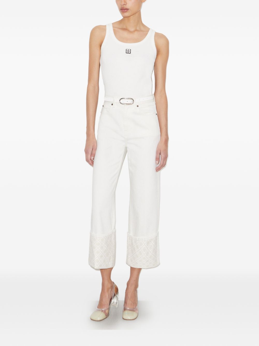 Tory Burch White Jeans — Straight Leg with Monogram Cuff
