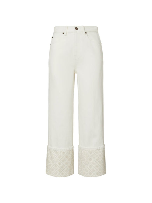 Tory Burch White Jeans — Straight Leg with Monogram Cuff
