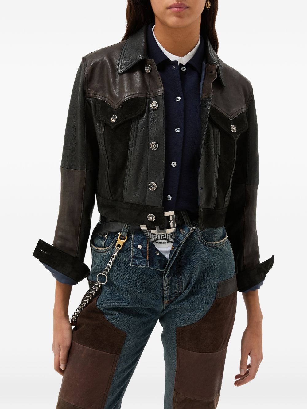 Versace Leather Jacket for Women — Panelled Black/Brown