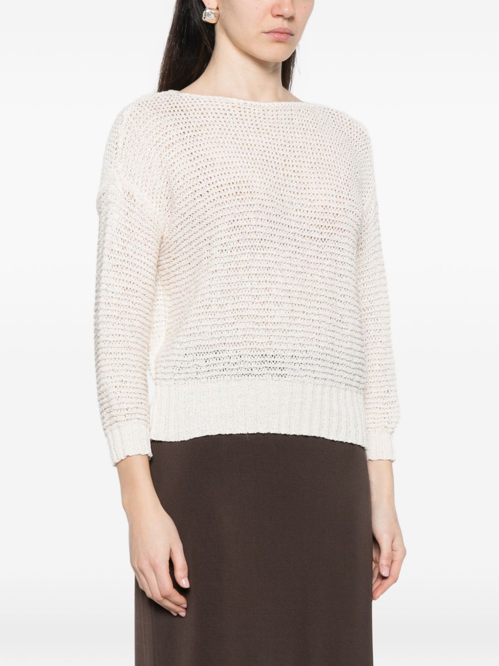 Base Cotton Blend Sweater - White Boat Neck Topwear