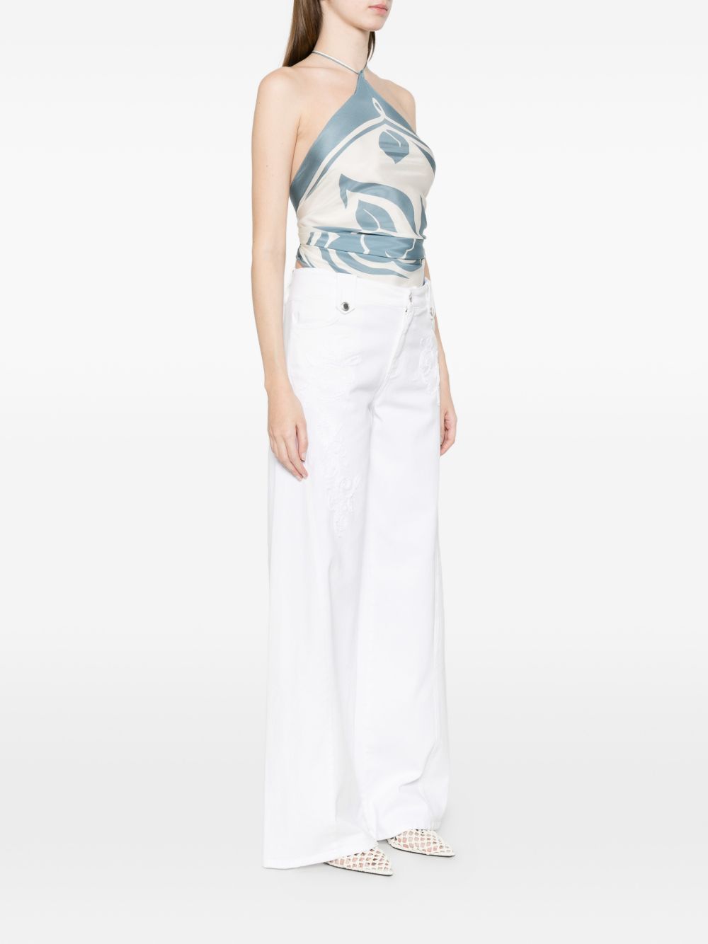 Ermanno Firenze Flared Denim Jeans — White Embroidered