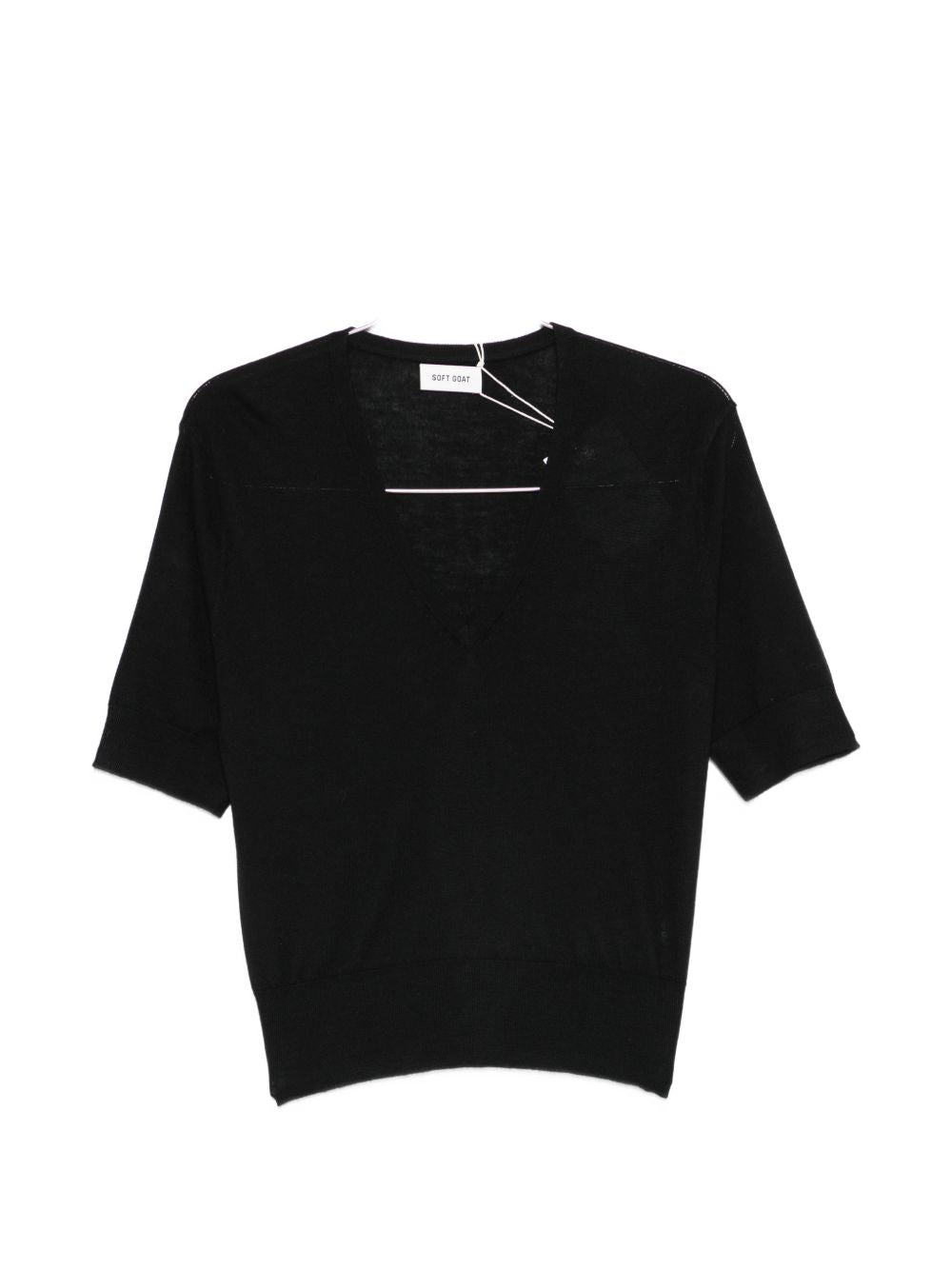 Soft Goat Cashmere V-Neck Short Sleeve Sweater - Black