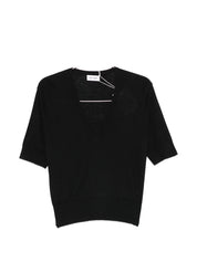 Soft Goat Cashmere V-Neck Short Sleeve Sweater - Black