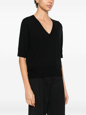 Soft Goat Cashmere V-Neck Short Sleeve Sweater - Black