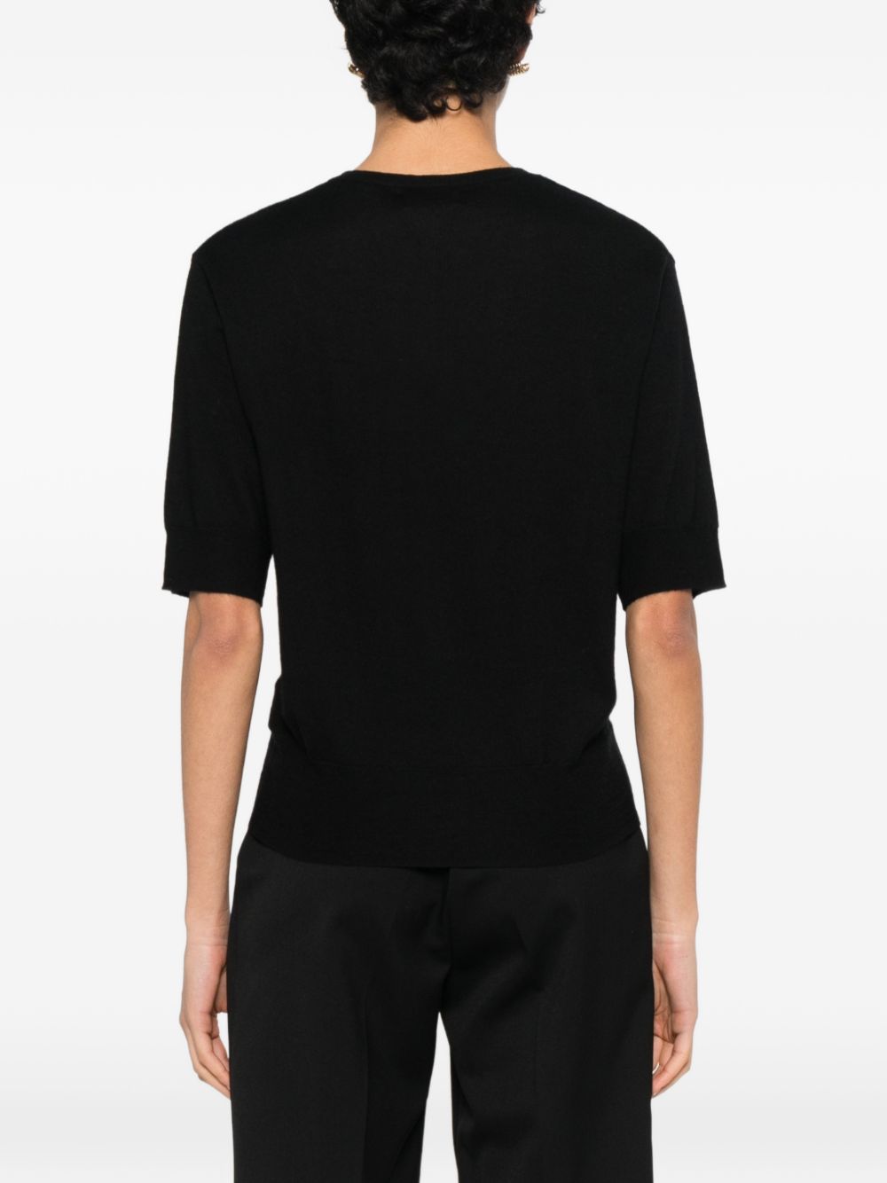 Soft Goat Cashmere V-Neck Short Sleeve Sweater - Black