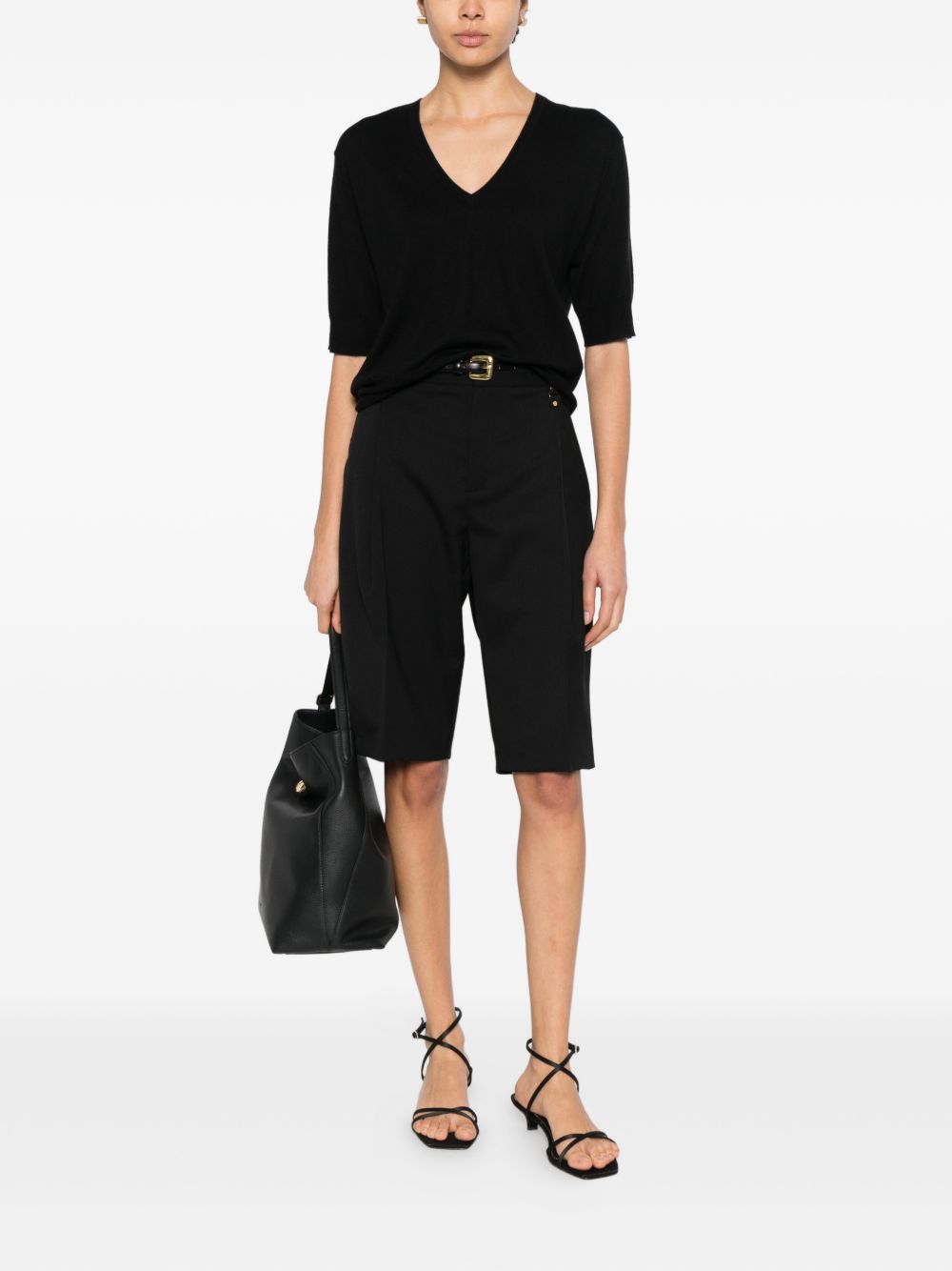 Soft Goat Cashmere V-Neck Short Sleeve Sweater - Black