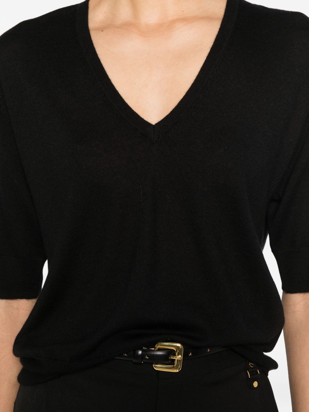 Soft Goat Cashmere V-Neck Short Sleeve Sweater - Black