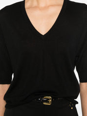 Soft Goat Cashmere V-Neck Short Sleeve Sweater - Black