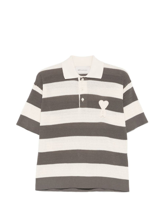 Ami Paris Ami De Coeur Striped Polo Shirt — Grey Topwear