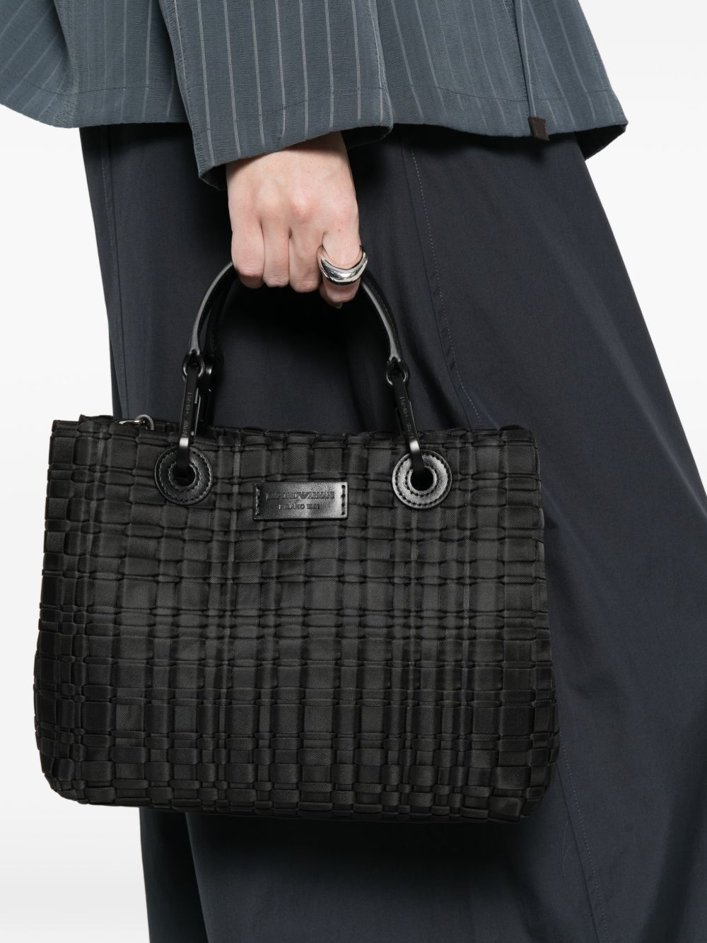 Emporio Armani Shopper Bag — Black Woven Top Handle