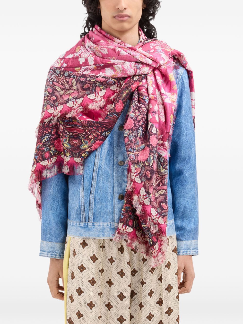 Pierre Louis Mascia Pink Floral Silk Scarf — Fringed Edge
