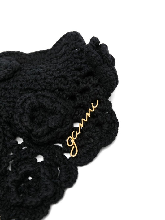 Ganni Crochet Headband — Black Floral Tie Fastening