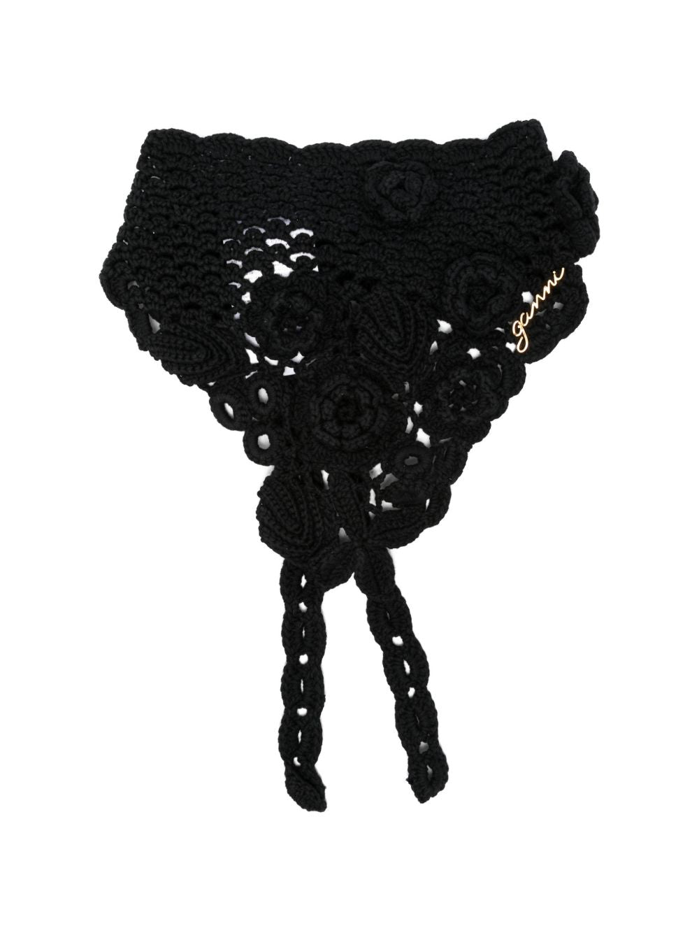 Ganni Crochet Headband — Black Floral Tie Fastening